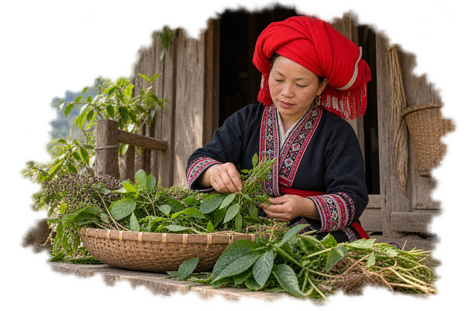 Ảnh minh họa người phụ nữ Dao Đỏ chuẩn bị thảo dược bên hiên nhà gỗ Tả Phìn