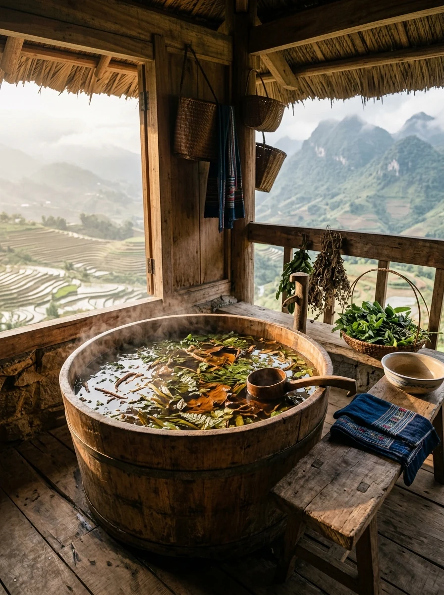 Ảnh minh họa bồn gỗ tắm lá thảo dược trong căn nhà nhìn ra núi Sa Pa
